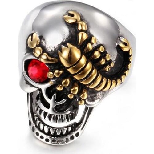 Punk Cool Mens Red CZ Crystal eyes Gold Scorpion Rings Silver Color 316L Stainless Steel Biker Skull Ring Size 8,9,10,11,12,13