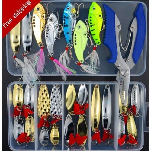 Fishing Lures Set Mixed Metal Spoon Lure Kit VIB Sequins Shrimp Lure Plier In Storage Box Soft Lure Minnow Fishing Tackle ER004