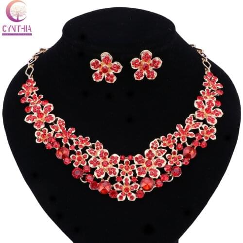 Flower Crystal Wedding Bridal Jewelry Sets Gold Color Rhinestone Wedding Jewelry Necklace Earrings Sets for Women