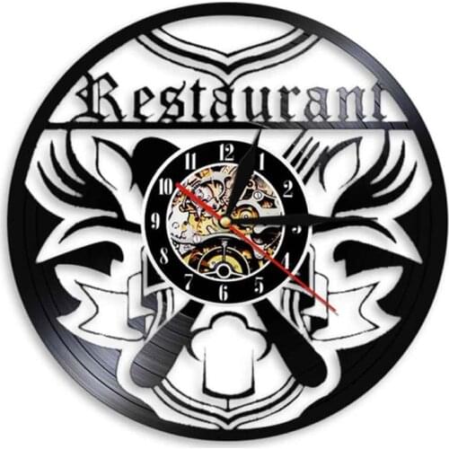 Restaurant Business Sign Wall Art Clock Kitchen Vinyl Record Wall Clock Eatery Wall Decor Chef Foodie Gift Knife Fork Time Clock