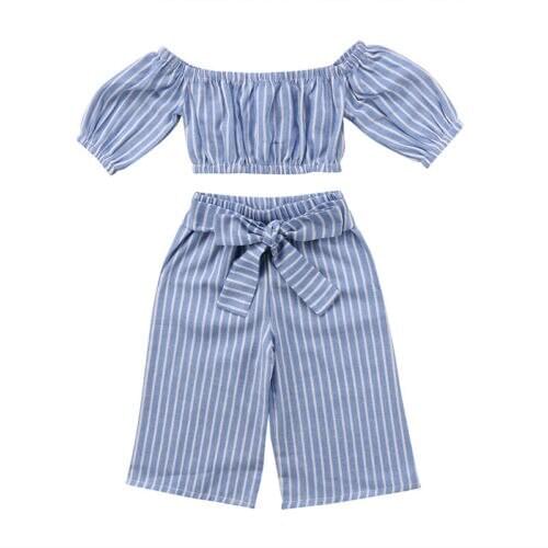 New 2020 Toddler Baby Kid Girl Off shoulder Tops T shirt Casual Stripe Bow knot Pants Outfits Sets