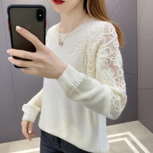 New Fashion Women Spring Summer knitted Sweater jumper Casual Female Lace Splice Thin Pullover Lady Knitting Shirt Jersey Mujer