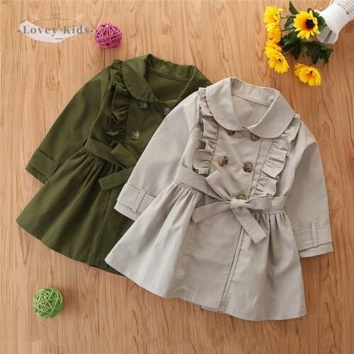 2020 Autumn Baby Girl Costs 1-6Y Fashion Korean Style Trench Lapel Long Sleeve with Belt Jacket Army Green Gray Color Outerwear
