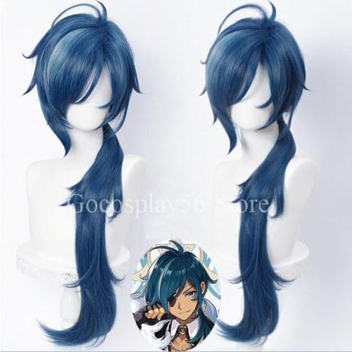Genshin Impact Kaeya Wig Cosplay 80cm Long Straight Highlight Blue Heat Resistant Hair Halloween Role Play