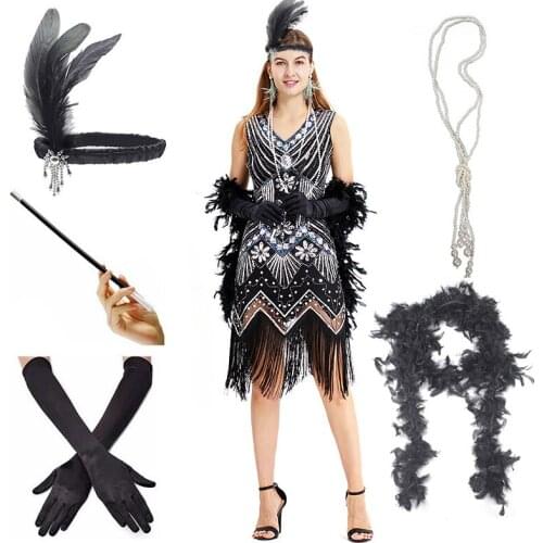 1920s Flapper Dress Great Gatsby Party Evening Sequins Fringed Dresses Gown Dress with 20s Accessories Set