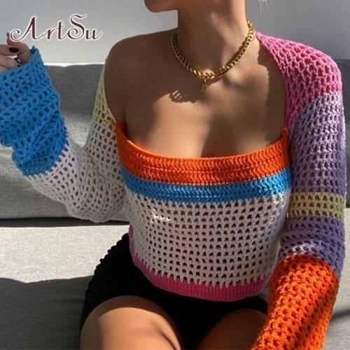 ArtSu Long Sleeve Shirt Crochet Top Y2K Clothes Kawaii Cute Tops T-shirts Femme Autumn Knit Graphic T shirts Sexy Crop Top Women