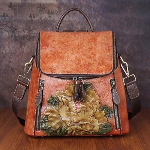 Genuine Cowhide Leather Women Bag Retro Floral High Quality Luxury Backpack for Female 2021 New Large Capacity Travel Backpacks