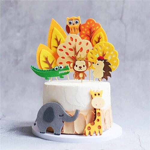 Lion Monkey Animals Birthday Cake Toppers Yellow Fel Autumn Tree Forest Animal Cake Card Plug-in Baking Cake Party Decoration
