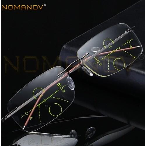 Ultra-light Rimless Black and Grey Frame Fashion Men Women Progressive Multi-focus Reading Glasses Add 75 100 125 150 175 to 400
