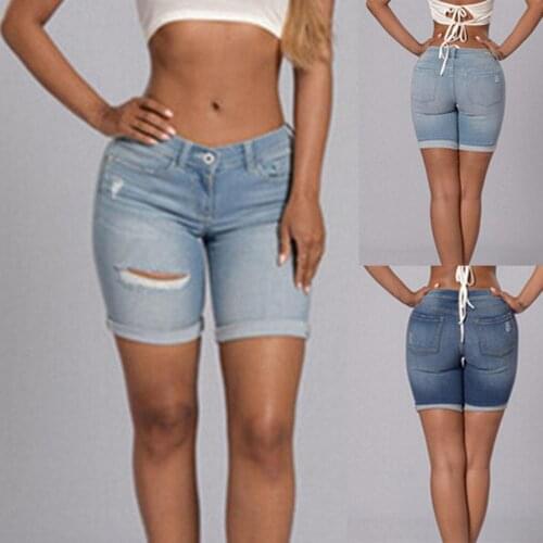 High Quality Women Stretch Broken Copper Shorts Feet Jeans Fashion Women Mid Waist Slim Sexy Shorts