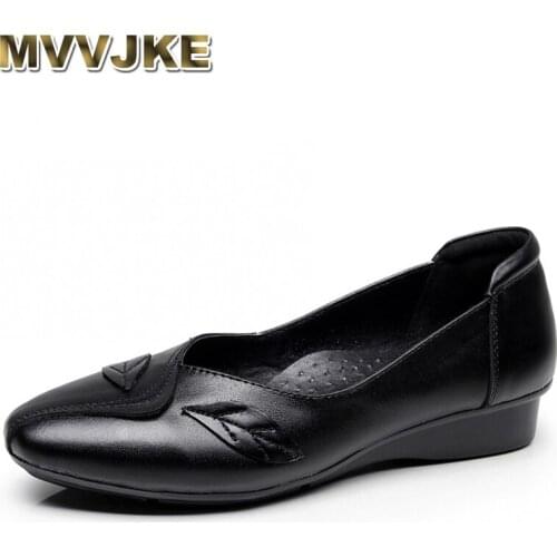MVVJKE Spring Fashion Pointed Toe Flats Women Genuine Leather Leaves Decoration Low Heel Party Shoes Elegant Ladies Flats