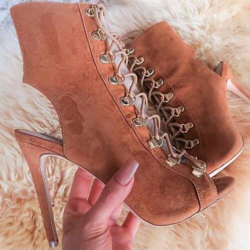 Moraima Snc Roman Style Lace Up Peep Toe Ankle Boot Stiletto High Heel Sandals for Woman Brown Suede Thin Heels Party Shoes