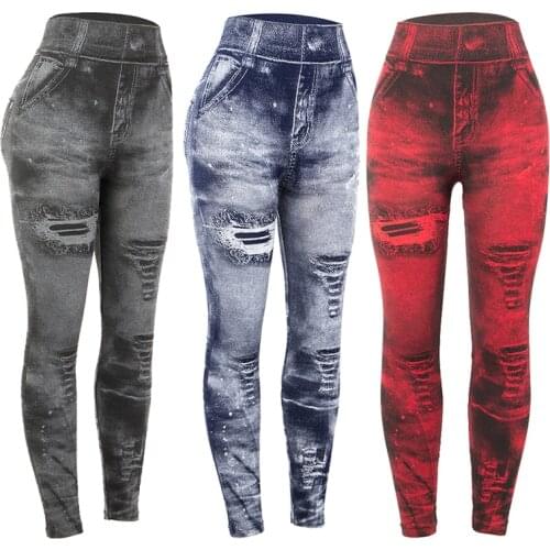 Women Imitation Jeans Leggings Slim Elastic Pencil Pants Casual Tights 2019 New Items for Autumn Fashion Hole Vintage Denim Pant