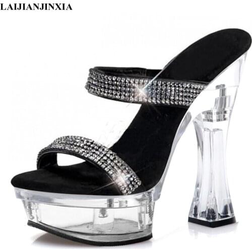Rhinestone 6 Inches Sexy High Heels Platform Shallow Hollow Crystal Big Size Slippers 14CM Women Mature Fashion Pole Dance Shoes