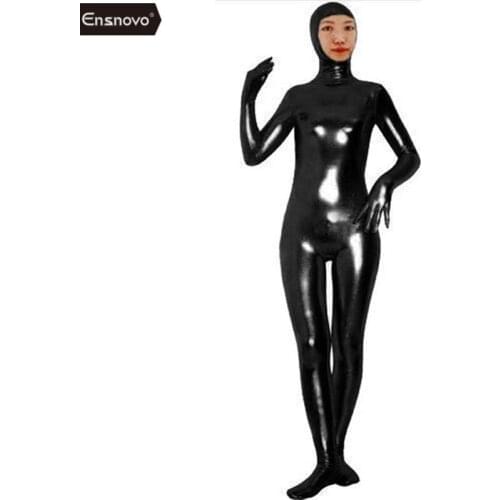 Ensnovo Women Spandex Full Body Open Face Zentai Suits Shiny Metallic Bodysuit Custom Skin Suit Halloween Costume
