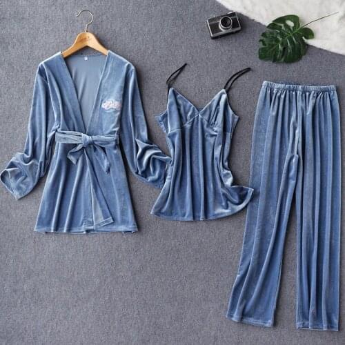 Women 3PCS Print Letter Kimono Pajamas Set Velour Bathrobe Sexy Strap Top Nightgown Robe Pyjamas Pant Sleep Suit Home Sleepwear