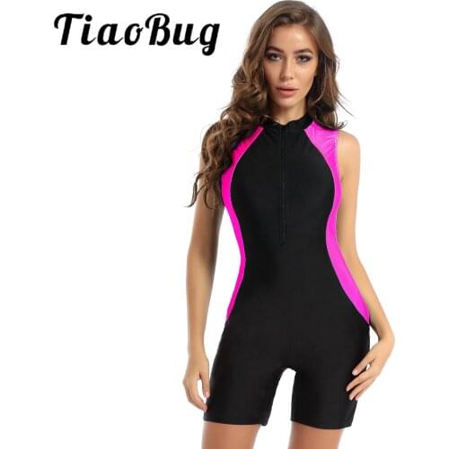 Womens Splicing Color Athletic Swimsuit Beachwear One-piece Bodycon Bodysuit Crew Neck Front Zipper Sleeveless Leotard Jumpsuits