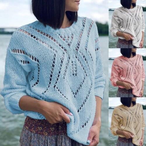 Women Hollow Out Sweater Pink Sexy O-Neck Knitted Fall Winter Tops Woman Loose Long Sleeve Sweater