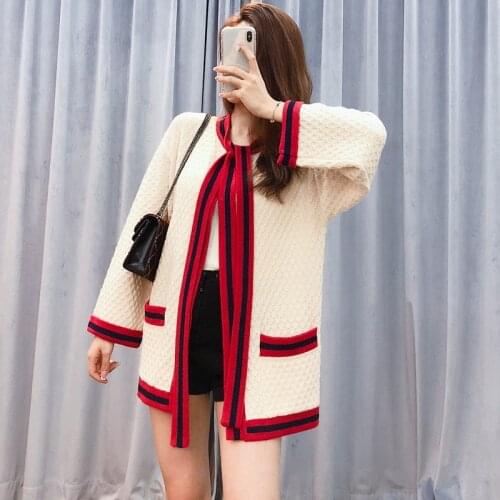 Brand Red Striped Lace Bow Tie Long Sleeve Knitted Cardigan Women Fall Winter Halloween Sweater Coat Vintage Vestido 2021