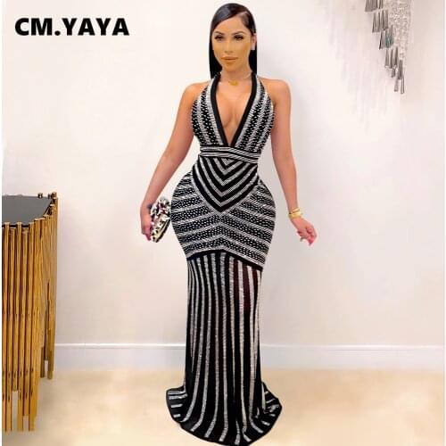 CM.YAYA Hot Rhinestone Splicing Halter Deep V-neck Open Back Maxi Dress for Women Sexy Night Club Party Long Dresses Vestidos