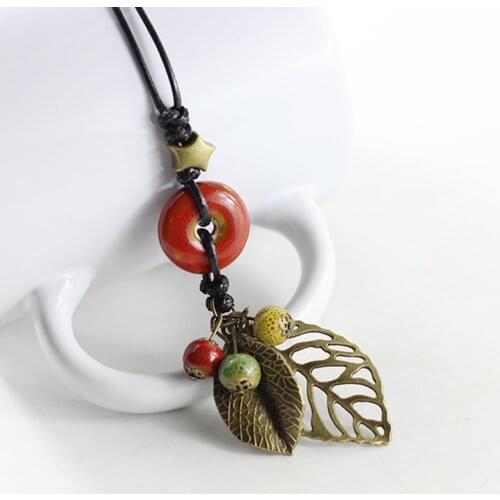 Ceramic Necklace Pendant Copper Alloy Double Leaves for Women Accessories Long Sweater Chain New Bohemia Style Simple Jewelry
