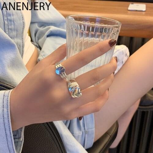 ANENJERY 925 Sterling Silver Love Heart Oval-shaped Finger Ring for Women Retro Thai Silver Rings Birthday Gift Jewelry S-R899