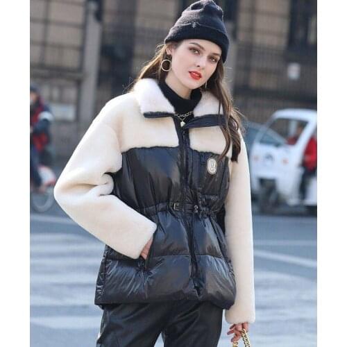 CX-G-T-53 Women Loose Design 100% Duck Down Coat Sheep Fur Shearing100% Mink Fur Collar