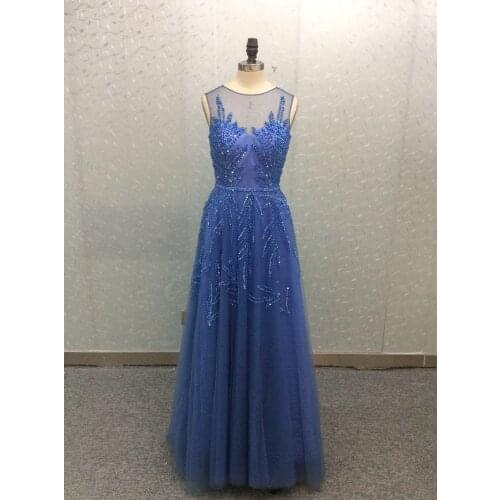 Elegant Beaded O-Neck Blue Prom Dresses Zipper Back Long A-Line Sleeveless Robe De Soiree Floor Length Formal Party Gown