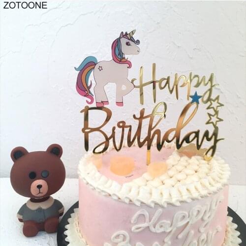 Golden Unicorn Party Cake Topper Wedding Cupcake Acrylic Decoration Happy Birthday DIY Party Supplies Baby Children Party Decor