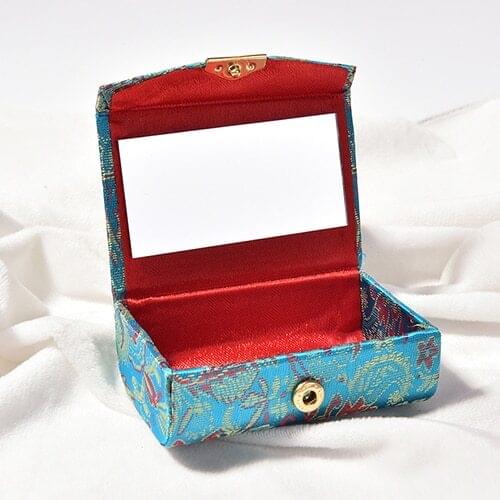 1PC Retro Embroidered Square Lipstick Case With Mirro Brocade Flower Design Lipstick Display Box Jewelry Holder Random