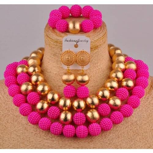 Fuchsia pink african necklace african set simulated pearl nigerian beads wedding jewelry set FZZ79