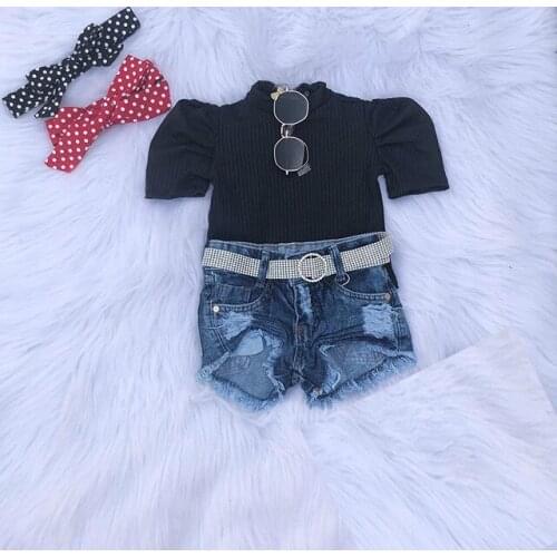 FOCUSNORM 1-6Y Summer Girls Clothes Sets Half Puff Sleeve Pullover Solid Knit T Shirts Tops Denim Shorts 2pcs