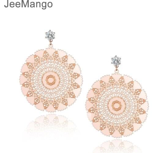 JeeMango Titanium Steel Exquisite Geometric Pattern Circle Earrings Jewelry Rose Gold Wedding Stud Earrings For Women E18027
