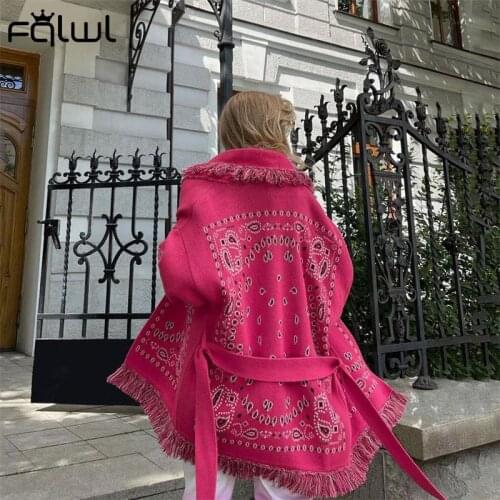 FQLWL Print Pink Long Sleeve Top Cardigan Sweater Women Fall 2021 Fashion Belt White Tassel knitted Oversized Sweater Cardigan