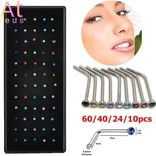 1.8mm 60/40/24/10pcs/set A Crystal Nose Ring Charm Stainless Steel CZ Crystal L Shape Nose Ring Body Piercing Stud Dropshipping