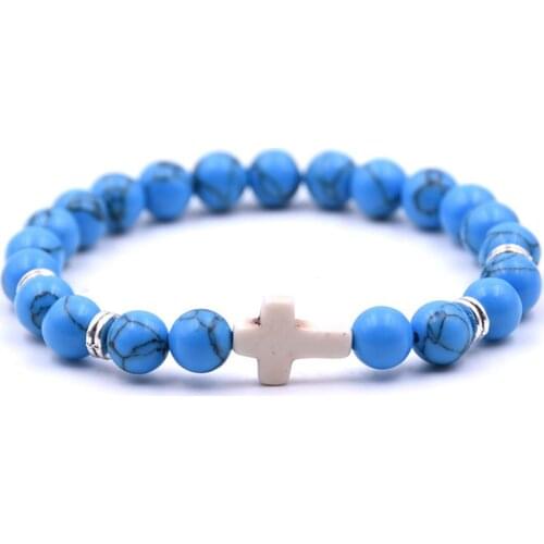 Men Fashion Gift For Women Natural Stone Beaded Cross Charm Beads Elastic Bracelet Red/White/Blue/Grey