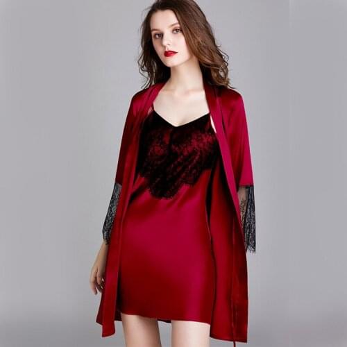 Nightdress Woman Summer Sexy Silk Dressing Gown Condole Belt Nightgown Suit Lace Sleepwear Long Sleeve Lady Sleep Set 2PCS