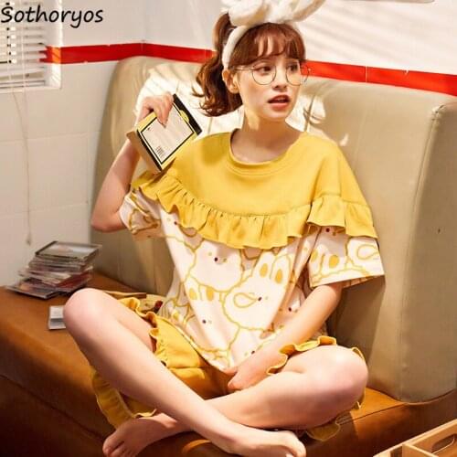 Pajama Sets Oversize 3XL Ruffles Kawaii Cartoon Breathable Homewear Korean Style Fashion Comfortable Baggy Leisure Lightweight