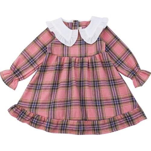 2021 Spring And Autumn Girls Peter Pan Collar Plaid Ruffle Dress Kids Cute Princess Dresses Baby Children Clothes