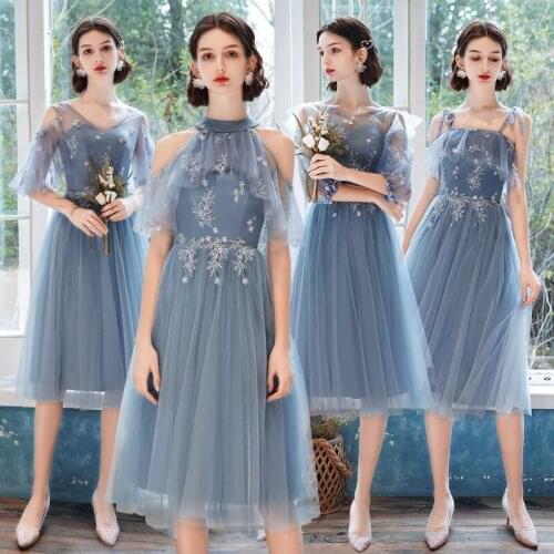 Bridesmaids Dress Luxury Pink A-Line Knee-Length Spaghetti Straps Strapless Embroidery Lace Tulle Women Wedding Party Gown E132