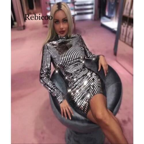New WomenS Silver Dress Sequins Long-Sleeved Bag Hip Nightclub Dress Long Paragraph Elegant Slim Casual Dress WomenS Vestidos