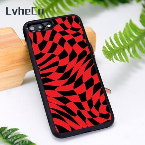 LvheCn Silicone Rubber Phone Case Cover for iPhone 6 6S 7 8 Plus X XS XR 11 12 Mini Pro Max Red and Black Liquid Checkers