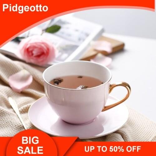 High Quality Bone China Pink Coffee Cup and Saucer Sets With Gold Spoon Large Capacity Afternoon Tea Black Free Shippng