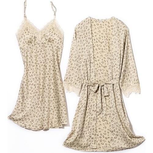 Women Sleepwear Casual Silky Bathrobe Gown Spring Summer Intimate Lingerie SEXY Leopard Nighty&Robe Set Nightgown Loose Homewear
