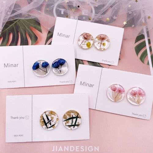 Korean Sweet Clear Resin Real Dye Flowers Statement Earrings for Women Transparent Round Geometric Drop Dangle Earrings Jewelry