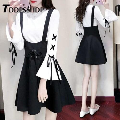 2019 New Design Set Women Dress with Top New Flare Sleeve Two Piece Black and White Female Dresses