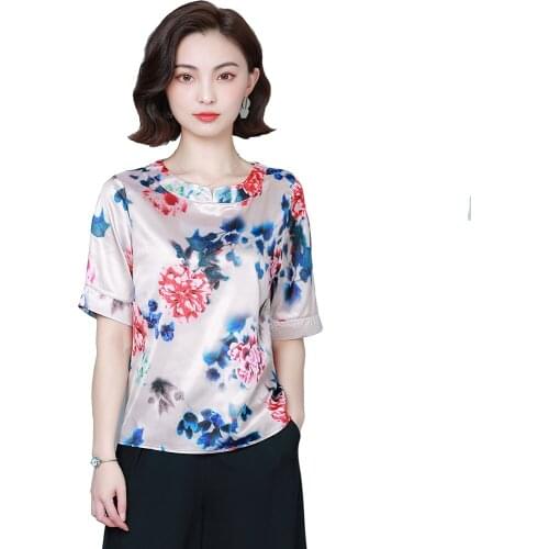2020 Woman Good Quality Peony Print O-Neck Short Sleeve Soft Plus Size Artificial Silk Top
