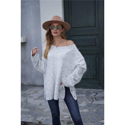 H80&S90 New Women Long Sleeve Sweater Autumn Knitted O-Neck Casual Pullover Button Split Sweater Sexy Basic Knitwear Tops Tricot
