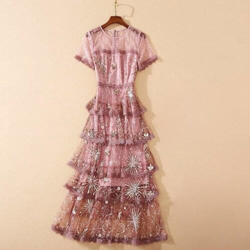 New HIGH QUALITY Stylish Fashion 2021 Designer Runway Dress Womens O-Neck short sleeve Ruffles Sequined Embroidery Gauze Dress