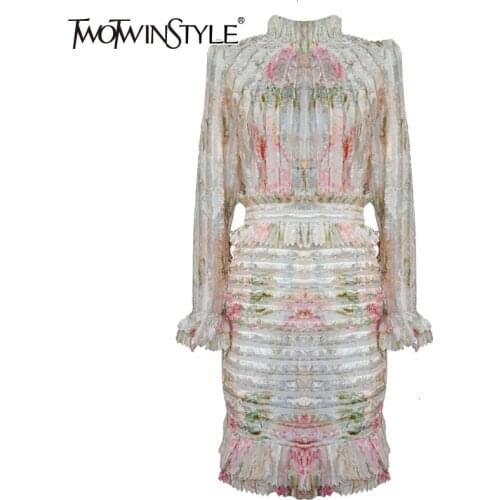 TWOTWINSTYLE Ruched Print Dresses Female Stand Collar Flare Long Sleeve High Waist Ruffles Dress Women Fashion 2021 Clothing New